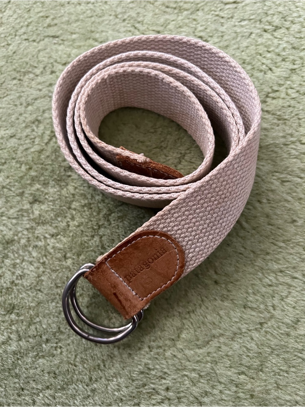 VTG Patagonia Webbing Belt Mens Medium Oat Canvas D Ring Leather Trim 36 inch